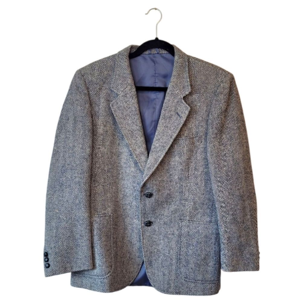 Vintage Men's Blue Herringbone Wool Woven In British Isles Blazer